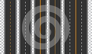 Template set of straight asphalt roads. Seamless road background. Vector EPS 10