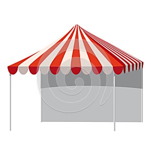 Template shopping stand canopy empty market stall with red and white striped awning. Promotional advertising outdoor