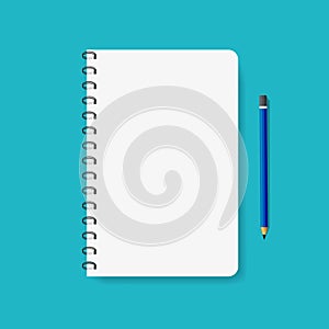 Template of spiral paper notebook for note. Mockup notepad with metal binder and pencil. Flat empty diary, copybook for school.