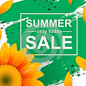 Template summer sale poster. Realistic sunflower with petals