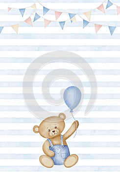 Template with Teddy Bear and garlands for Baby shower greeting cards or newborn party invitations. Watercolor