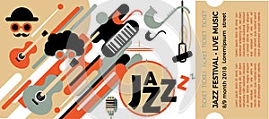 Template for the ticket of the jazz festival with musical instruments. Illustration with saxophone and piano keys and guitar. Colo