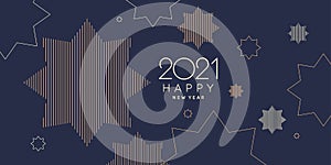 Template to embed greetings. Background with the inscription Happy New Year 2021. Vector illustration with gold lines.