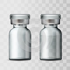 Template of transparent glass medical vial with aluminium cap.