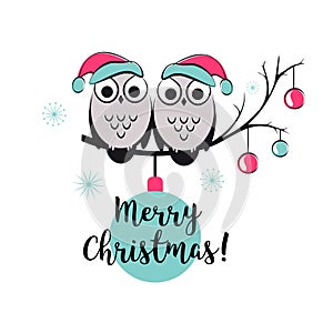 Template vector card with cute owls on a tree branch. Merry Christmas snowlake, balls and text. Happy New year