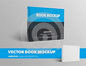 Template of vector closed standing book, front view, in blue and black hardcover, isolated on gray background