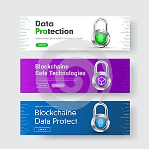 Template of vector horizontal web banners with padlock for information protection and blockchaine technology.