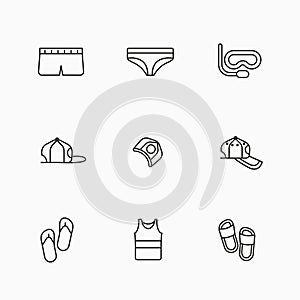 Template vector illustration and linear icons for travel, weekend and summer vacation.