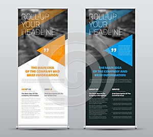 Template of vector roll-up banners with blue and orange triangle