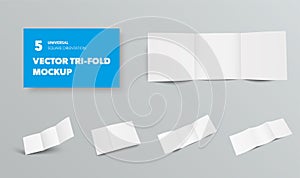Template of vector standard square tri-fold isolated on gray background, open and closed business brochures, front and back views