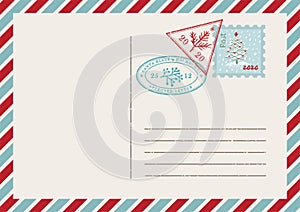 Template of vintage air mail postcard and envelope. Texture grunge christmas stamp rubber with holiday symbols in traditional