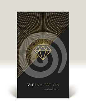 Template of VIP invitation. Glitter gold shining diamond with sunburst