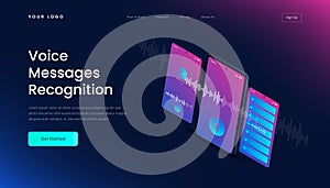 Template voice messages recognition landing page. Mobile application for recording sound, dictate messages and speech. Landing