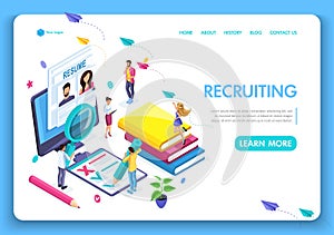 Template Website Isometric Landing page concept application form for employment. People select a resume for a job