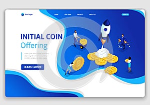 Template Website Isometric Landing page concept connected with crypto servers for Initial Coin Offering ICO. Staptup ICO