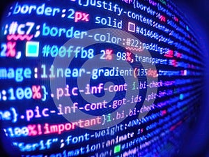 Template of website, selective focus. Creative focus effect. Programming code on computer screen. Abstract computer script code.