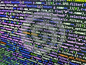 Template of website, selective focus. PC software creation business. Background of software developer script. Screen of web