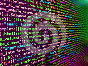 Template of website, selective focus. Photo of computer digital background. Coding application by programmer developer