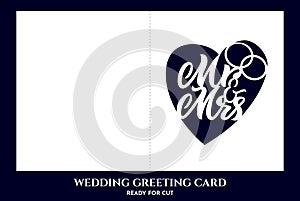 Template of wedding card, invitation Mr and Mrs with rings in shape of heart