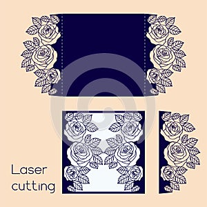 Template of wedding envelope with roses for laser cutting