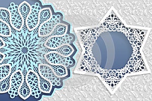 Template of wedding greetings or invitations. 3D mandala, star shaped frame with lace edges. Floral background on a surface. Place