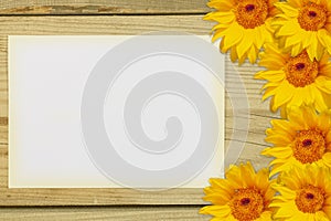 A template with a white background for text surrounded by yellow flowers. All on a wooden background