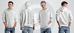 Template white hoodie on a young guy, front and back view