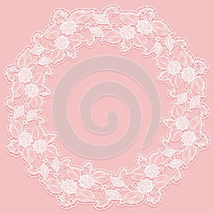 Template with white lace frame for card or invitation. Circular ornament of openwork flowers on a pink background.