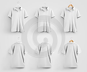 Template of white men`s polo t-shirt; hanging on different hangers, front and back views, for presentation of design and