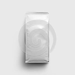 Template of a white sealed bag for coffee beans, packaging with a clamping tape, isolated on a wall background