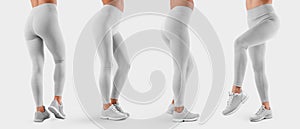 Template of white stretch leggings on a sports girl in sneakers, side view, back view, white tight pants, isolated on background