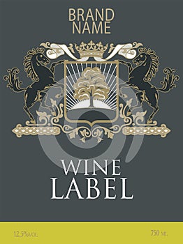 Template of wine label with a coat of arms with two horses reared under the royal crown