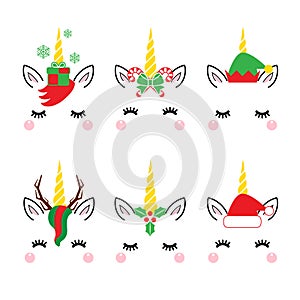 Cute Christmas unicorn faces set, in Santa Claus hat, with antlers and etc