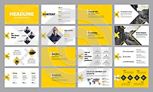 Template of yellow and white presentation slides with rhombus and crosses, for annual report and startups