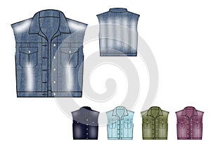 Template of Young girl Denim Waistcoat in various colours and tone of denim fabric raw edge at armhole
