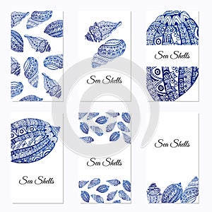 Templates for beach, travel, shopping cards or banners with seashells. Hand drawn elements. Vector illustration.