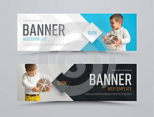 Templates of black and white vector horizontal web banners with arrows and a place for a photo