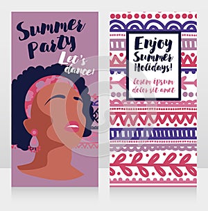 Templates for boho style party with bright african american girl and ethinc style ornament