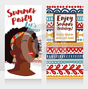 Templates for boho style party with bright african american girl and ethinc style ornament