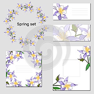 Templates for corporate identity, floral bookmarks and business cards. Purple flowers of aquilegia. For modern design, advertising