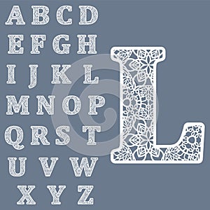 Templates for cutting out letters. Full English alphabet. May be used for laser cutting. Fancy lace letters.