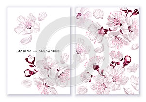 Templates of minimalist cards, wedding invitations, flyers with spring floral design.