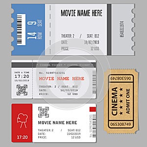 Templates of modern tickets for cinema or concert entrance