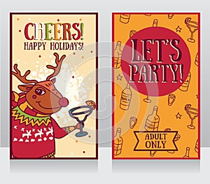 Templates for party banner, cartoon christmas deer drinking margarita