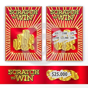 Templates scratch tickets to win. With gold coins illustration.