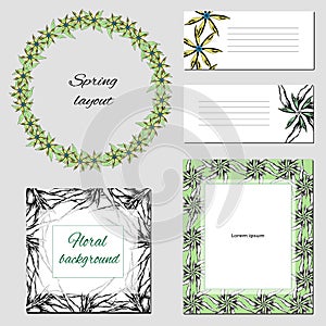 Templates for text and corporate identity with abstract pattern on a white and green background. Ink drawn ornament for business