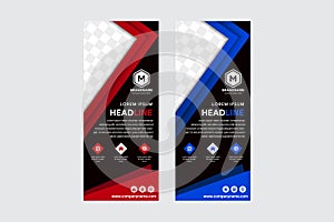 Templates of vector black background roll-up banners with red and blue element designs