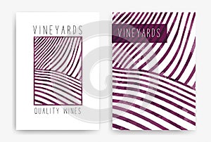 Templates with wine designs. Drawing of rows of vineyards with wine stains. Brochures, posters, invitation cards, promotional