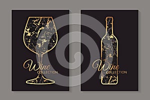 Templates for wine tasting invitation or bar and restaurant menu or banner or logo with golden glasses