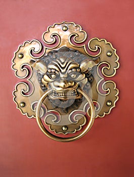 Temple ancient Red Door Golden Chinese Dragon Head Round handle door Knock